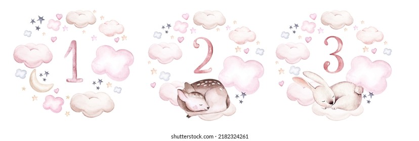 Watercolor animal illustration of a cute baby sleeping rabbit and bunny, deer fawn on the moon and the cloud. Baby Shower nursery Theme Invitation. - Powered by Shutterstock