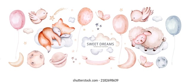 Watercolor animal illustration of a cute baby sheep, lamb, sleepingon the moon and the cloud. Baby Shower fox nursery Theme Invitation. - Powered by Shutterstock