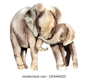 Watercolor Animals - African Elephant With A Kid Sketch