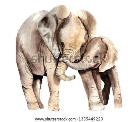 watercolor animals - african elephant with a kid sketch