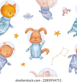 Watercolor animals in space seamless pattern, cartoon cute cosmonaut, wallpaper, wall decal, perfect for kids fashion, baby shower, first birthday, dog, cat, bear, elephant, rabbit - Powered by Shutterstock