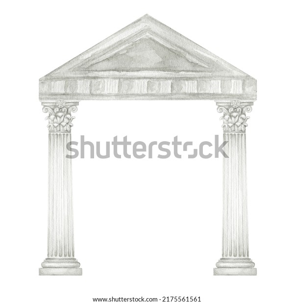 Watercolor antique arch with column\
corinthian order, Ancient Classic Greek pillar frame, Roman\
Columns, Architecture facade elements Realistic drawing\
illustration isolated on white\
background.