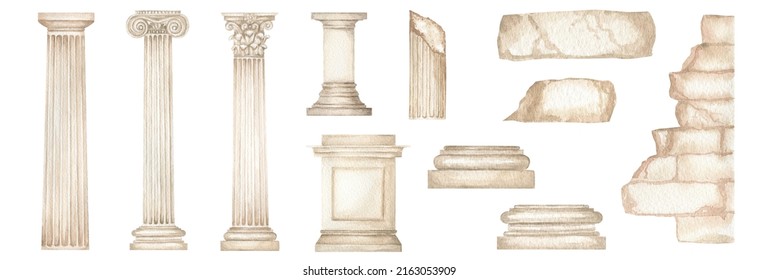 Watercolor Antique Column Corinthian Ionic Doric Order, Ancient Classic Greek Pillar Set, Roman Columns, Architecture Facade Elements Realistic Drawing Illustration Isolated On White Background.