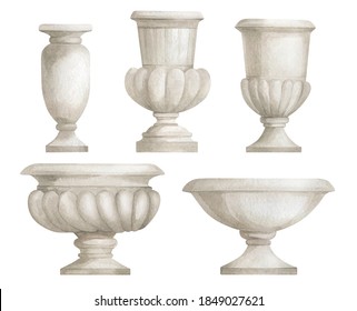 Watercolor antique gypsum vase, architecture garden element, ancient sculpture, pot. Baroque elements in the park.