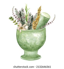 Watercolor Antique Mortar And Pestle With Dry Herbs And Flowers Illustration. Hand Painted Natural Traditional Medicine Object Isolated On White Background. Apothecary Clipart Element For Pharmacy.