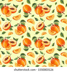 Watercolor Apricot. Botanical Watercolor Hand Drawn Illustration. Apricot. Watercolor Fruits. Seamless Pattern