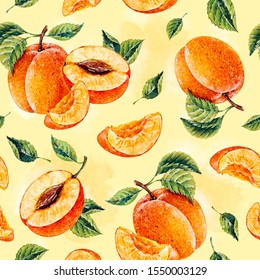 Watercolor Apricot. Botanical Watercolor Hand Drawn Illustration. Apricot. Watercolor Fruits. Seamless Pattern