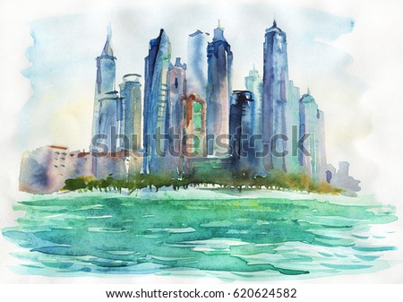 Watercolor Arab Emirates cityscape. Hand drawn Dubai, sea and skyscraper. Painting background illustration