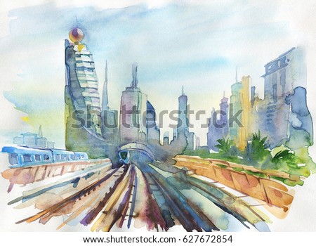 Watercolor Arab Emirates cityscape. Hand drawn Dubai, railway, road, skyscraper. Painting background outdoor  illustration