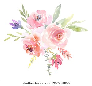 Watercolor arrangement floral bouquet, flowers roses peonies and leaves branches