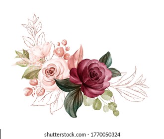 Watercolor arrangement of soft brown and burgundy roses with glitter line leaves. Botanic decoration illustration for wedding card, fabric, and logo composition