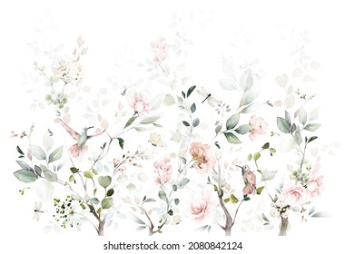 watercolor arrangements with garden roses, birds. collection pink flowers, leaves, branches. decorative trees isolated on white background.  