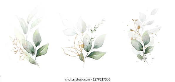  watercolor arrangements with leaves, herbs.  herbal illustration. Botanic composition for wedding, greeting card. 