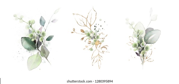  watercolor arrangements with leaves, herbs.  herbal illustration. Botanic composition for wedding, greeting card. 