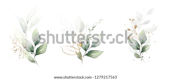葉とハーブで水彩画 ハーブイラスト 結婚式用の植物組成 グリーティングカード のイラスト素材