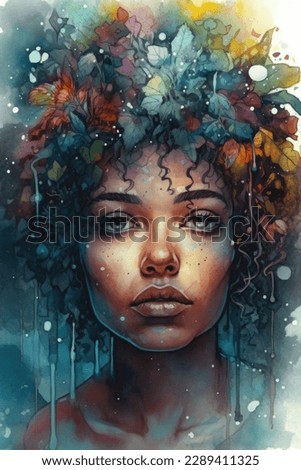 Watercolor art of beautiful black female with flowers in her hair
