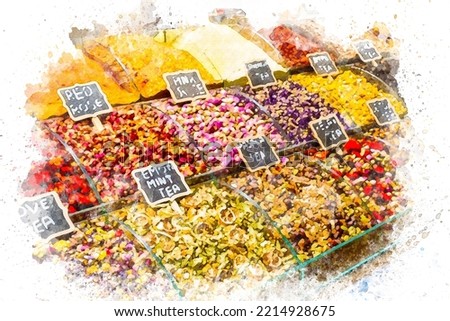 Watercolor art Colorful herbal tea footage from Mısır bazaar stand, flu and cough tea, watercolor painting traditional teas in Istanbul, shopping in a Turkish bazaar, herbal products in arcade market