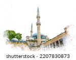 Watercolor art Eyup Sultan Mosque minaret courtyard dome with open sky, Islam and religion concept, watercolor painting old ancient holy building in Istanbul, minaret with copy space, Islamic landmark
