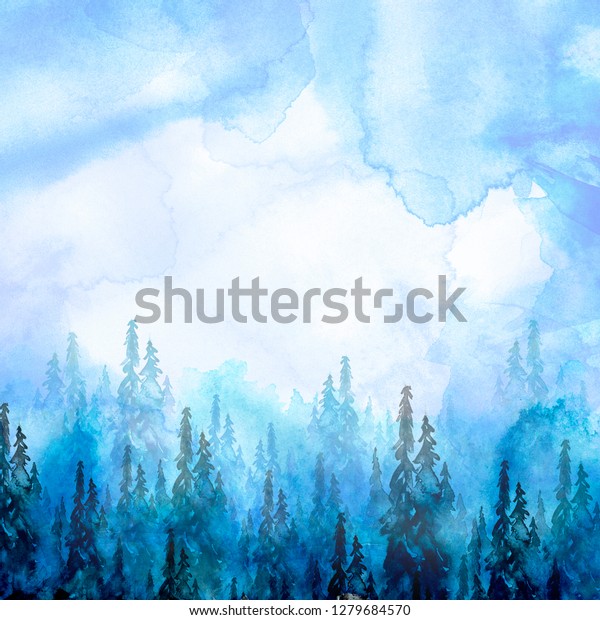 Watercolor Art Illustration Drawing Blue Forest Stock Illustration