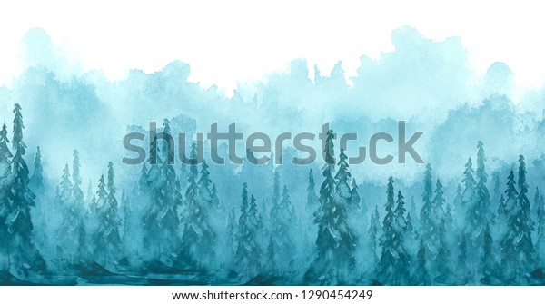 Watercolor Art Illustration Drawing Blue Forest Stock Illustration