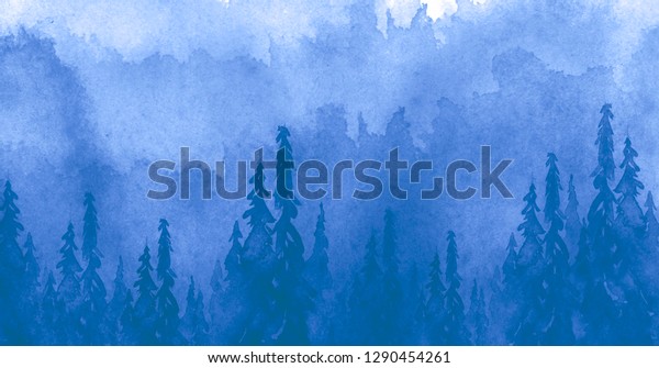 Watercolor Art Illustration Drawing Blue Forest Stock Illustration