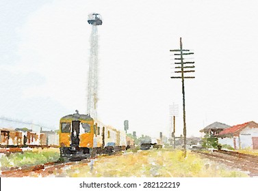 Watercolor Art Painted Of Old Train On Railway 