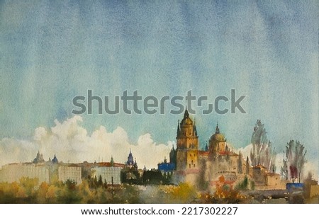 Watercolor art painting of the Salamanca church