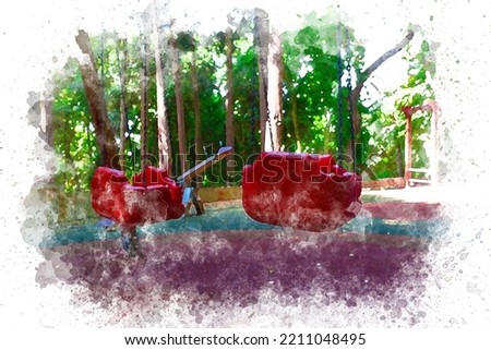 Watercolor art Red empty swings in public park with trees in background, playground for kids, watercolor painting empty play ground