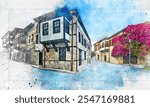 Watercolor artistic draw The scenic view of old houses and streets of old city from Tarsus, Mersin