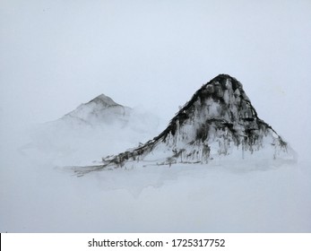 watercolor asian ink landscape chinese mountain fog . Traditional oriental. asia art style on paper background	
