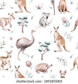 Watercolor australian cartoon kangaroo seamless pattern. Australian kangaroos set kids illustration. Nursery wallpaper