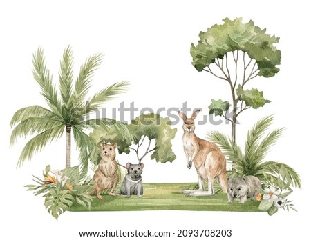 Watercolor Australian nature and animals. Kangaroo, quokka, Tasmanian devil, wombat, palms, trees, flowers. Wild creatures, nature. Illustration for nursery, wallpaper