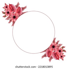 Watercolor Autumn Anthurium And Pink Dahlia Flower Wreath Isolated On White Background. Fall Floral Frame. Perfect For Wedding Invitation, Greeting, Thanksgiving Cards. 