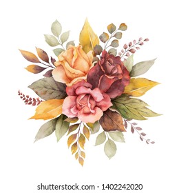 Watercolor autumn arrangement with roses and leaves isolated on white background. Botanic composition for greeting cards, wedding invitations, floral poster and decorations.