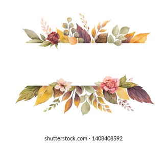 Watercolor autumn banner with roses and leaves isolated on white background. Illustration for greeting cards, wedding invitations, floral poster and decorations.