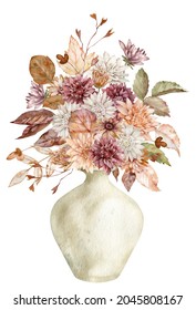 Watercolor Autumn Bouquet In A Ceramic Vase With Fall Leaves And Flowers Isolated On The White Background. Bohemian Floral Card.