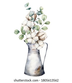 Watercolor autumn bouquet with cotton, eucalyptus branches and jug. Hand painted rustic card isolated on white background. Floral illustration for design, print, fabric or background.