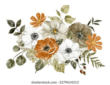 수채화 가을 부케. 소박한 스타일로 만든 꽃꽂이. 타버린 오렌지, 녹슨, 갈색 그리고 하얀 꽃이 있는 식물화. 스톡 일러스트