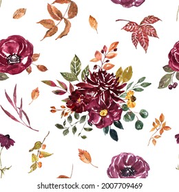 Watercolor autumn floral seamless pattern on white background. jewel toned red, burgundy, purple flowers, dry orange leaves, foliage, berries. Fall botanical print. Hand painted illustration.