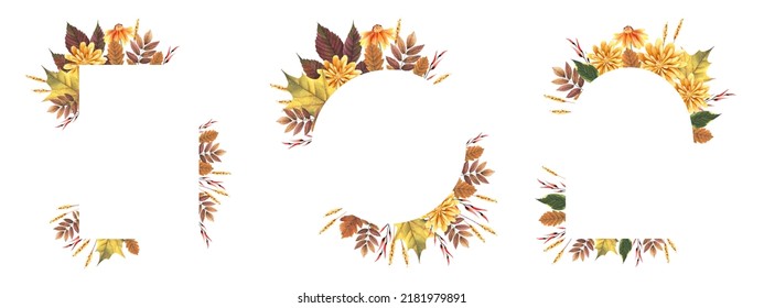 Watercolor Autumn Floral Wreath And Frame Set With Fall Maple, Rowan Leaf And Chrysanthemum Flower. Botanical Illustration For Design Thanksgiving Card, Invitation. Isolated On White Background.