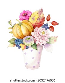 Watercolor Autumn Flower Illustration With Yellow Pumpkin, Blue Berries, Pink Fall Flowers In The Coffee Cup. Orange Leaves, Rose Hip, Pale Dahlia, Zinnia. Fall Floral Bouquet Postcard. 