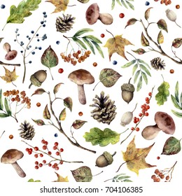 Watercolor Autumn Forest Pattern. Hand Painted Mushroom, Rowan, Fall Leaves, Tree Branch, Pine Cone, Berry And Acorn Isolated On White Background. Nature Illustration For Design