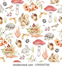 Watercolor Autumn Forest Pattern.Forest Animals, Leaves,branches,acorn,mushroom,rowan.Fall Background