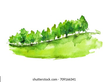 Watercolor autumn forest, silhouette of trees, bushes., Field. Country view.
Postcard, logo, card. Drawing of green trees on a yellow grass on a white isolated background.