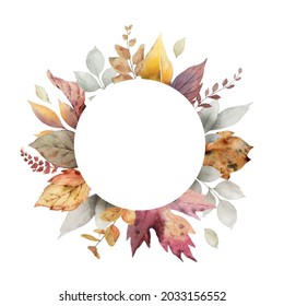Watercolor autumn frame with leaves and branches isolated on a white background. Thanksgiving illustration for your design.

