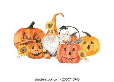 Watercolor Autumn Gnome And Pumpkin. Halloween Character Clipart. Fall Scary Illustration. Perfect For Wrapping Paper, Textile Card Logo, Postcard And Wallpaper.