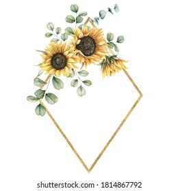 Watercolor autumn gold frame with sunflowers and eucalyptus branches. Hand painted rustic card isolated on white background. Floral illustration for design, print, fabric or background.