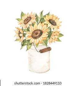 Watercolor Autumn Harvest Illustration With Sunflowers Bouquet. Fall Flowers. Botanical Garden. Perfect For Invitations, Greeting Cards, Posters, Prints, Social Media