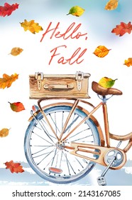 Watercolor Autumn Illustration  Background. Fall Concept Festive Poster Template. Vintage Bicycle Illustration.Happy Thanksgiving Banner.Multicolor Leaves And Retro Bike Autumn Holiday Card.