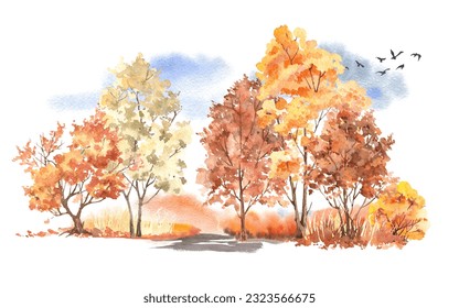 Watercolor autumn landscape, Fall background. Autumn trees  - Powered by Shutterstock